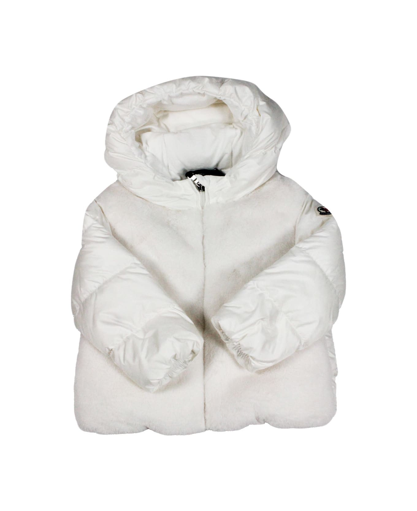 Moncler Natas Down Jacket With Hood And Logo On The Sleeve In Real Goose Down With Front In Soft Teddy Bear - White