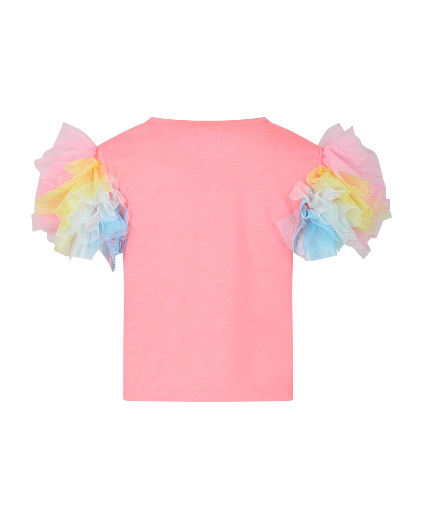 Billieblush Fuchsia T-shirt For Girl With Tulle And Multicolor Print - Fuchsia