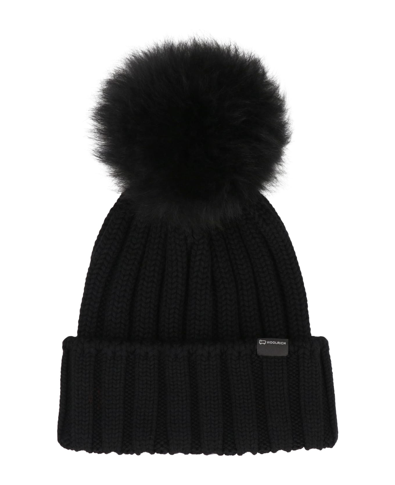 Woolrich Knitted Wool Beanie With Pom-pom - Black