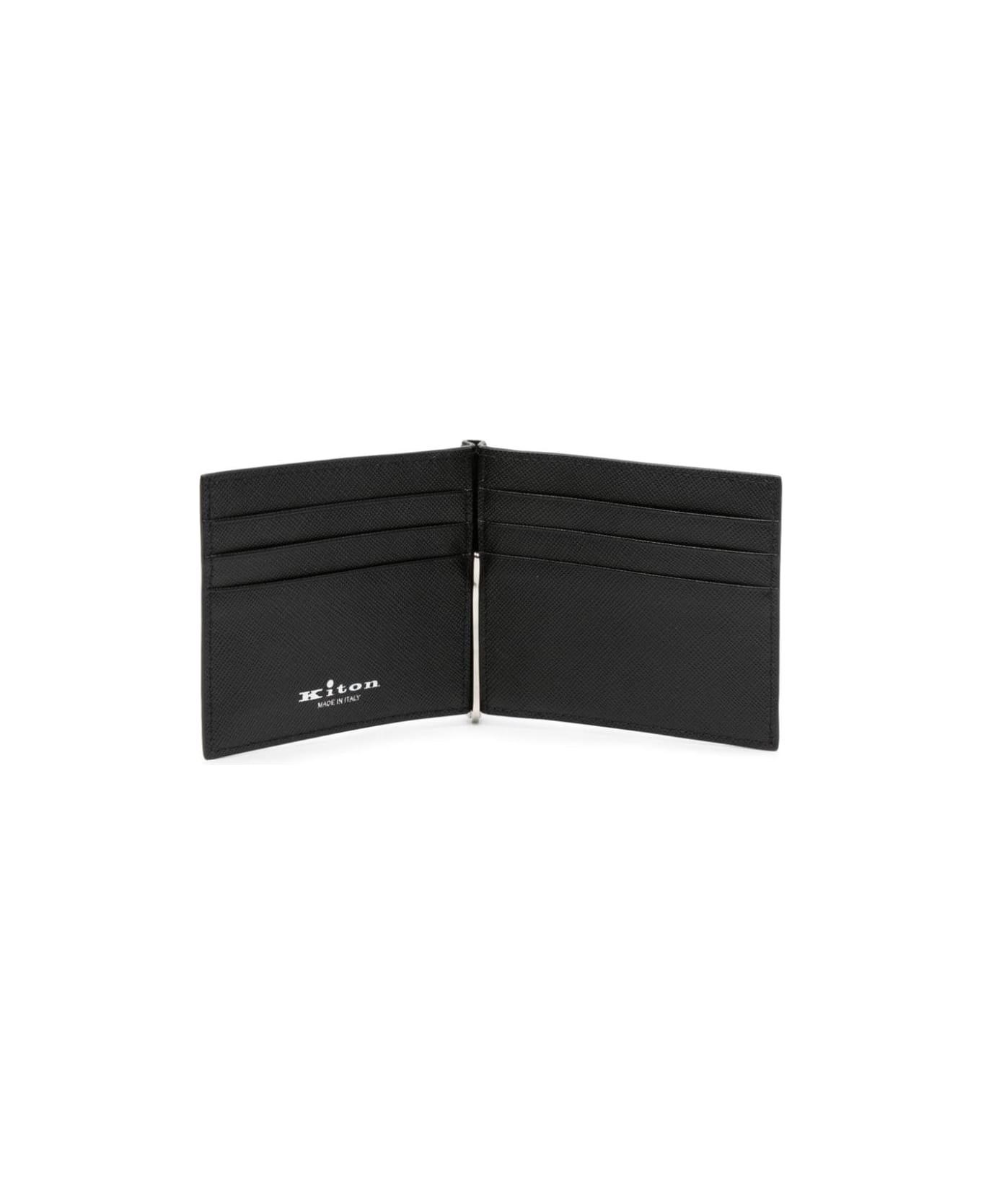 Kiton Black Leather Folding Card Holder With Logo - Black