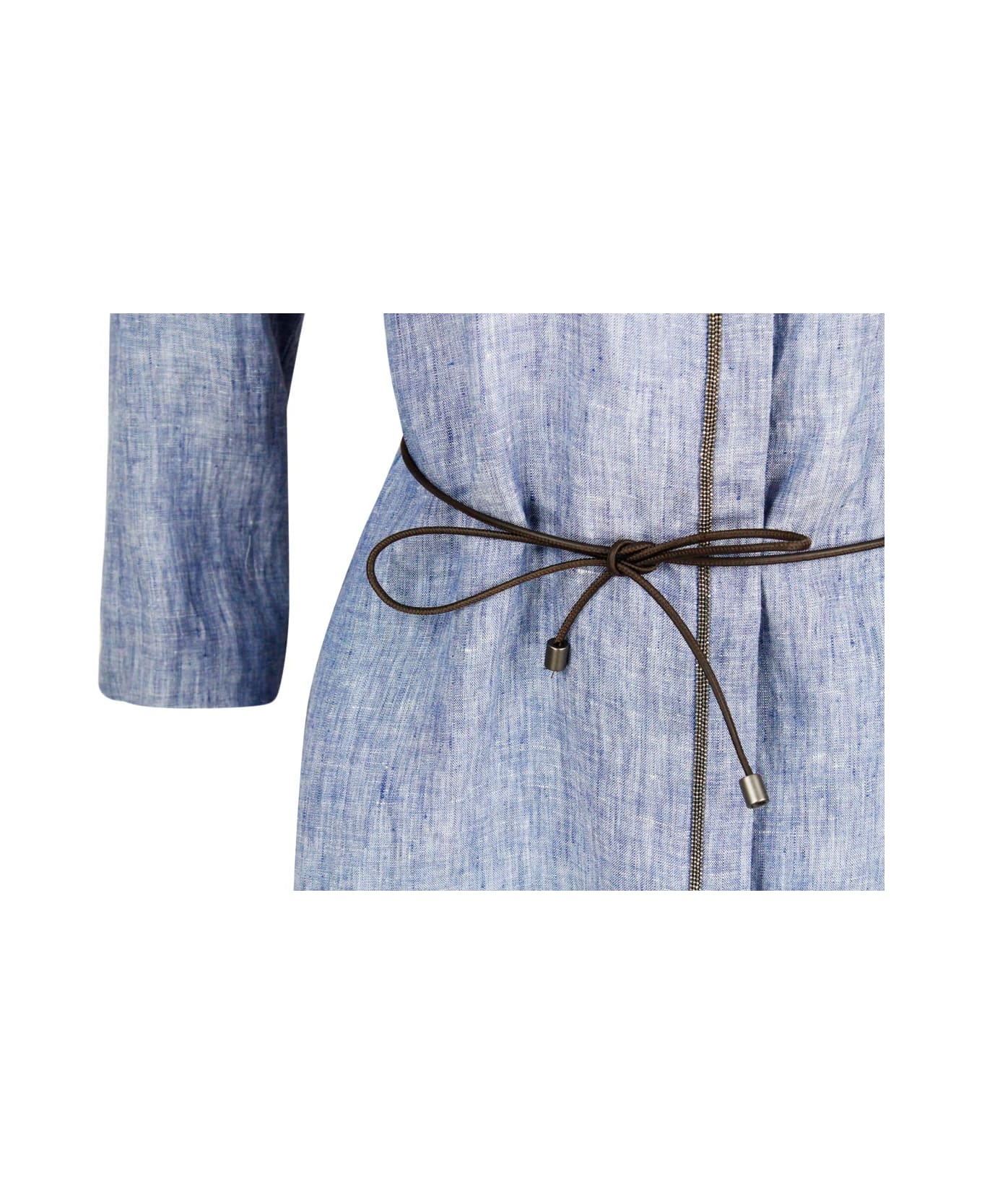 Fabiana Filippi Long Linen Shirt With Leather Belt And Embellished With Brilliant Jewels Along The Buttoning - LIGHT PASTEL BLUE                                                     