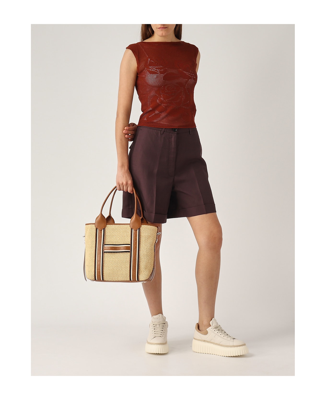Hogan Script Shopping Media Rafia Shopping Bag - ECRU'-CUOIO
