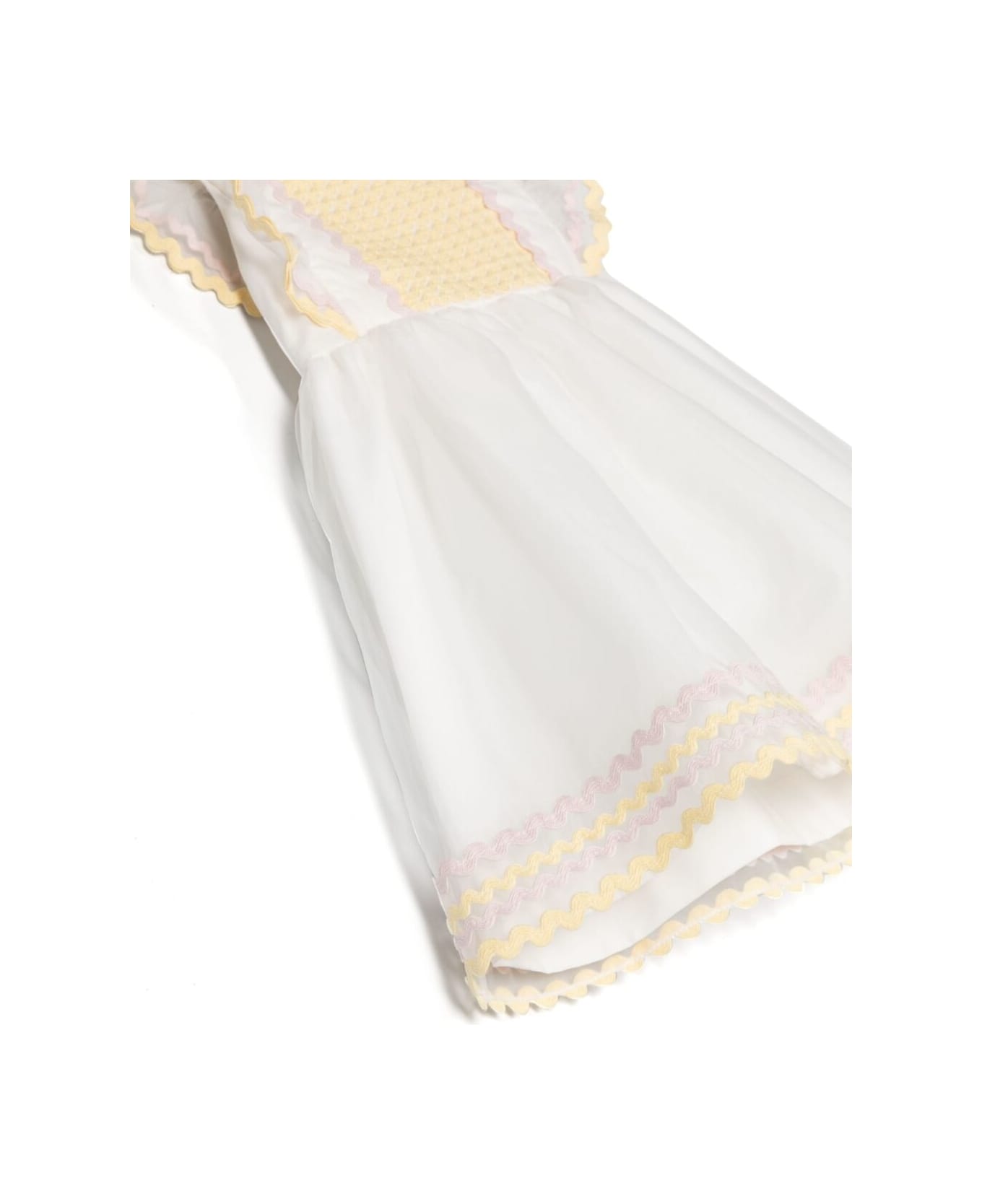 Stella McCartney Kids Ruffled Dress With Zig-zag Detail In White And Yellow Cotton Baby - White ボディスーツ＆セットアップ