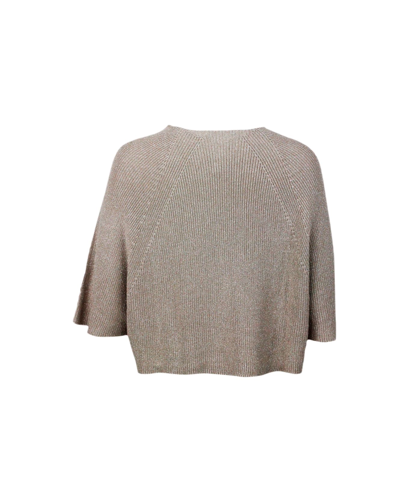 Fabiana Filippi Boat Neck Sweater With Wide Sleeves With Half English Rib Knit In Cotton Embellished With Bright Lurex Threads - Beige ニットウェア