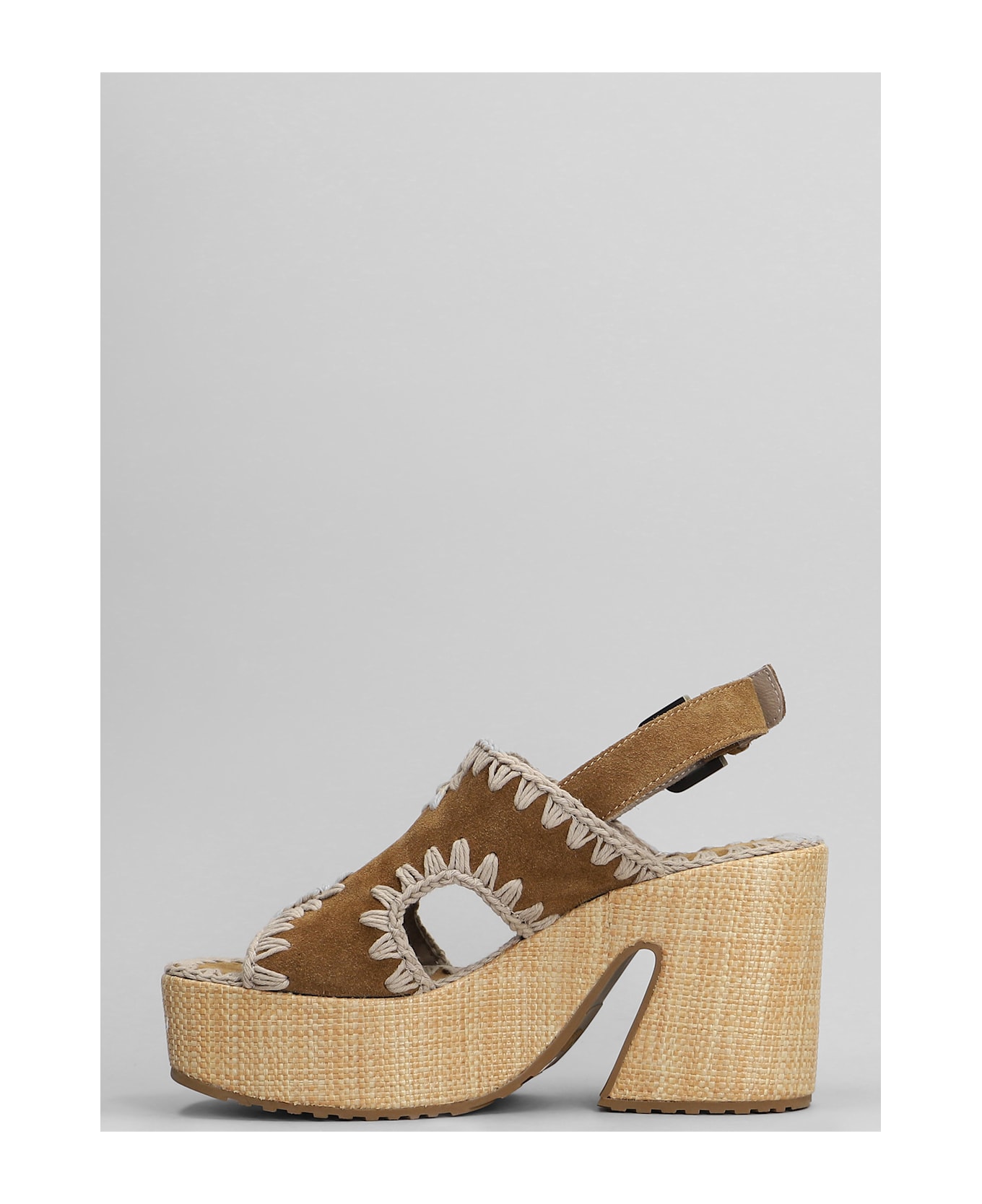 Mou Raffia Platform Sandals In Leather Color Suede - Cognac