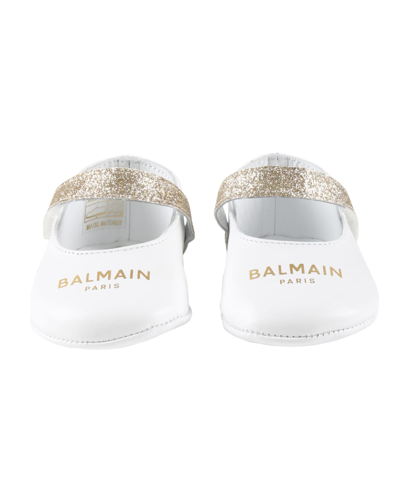 Balmain White Flats For Baby Girl With Golden Logo - White