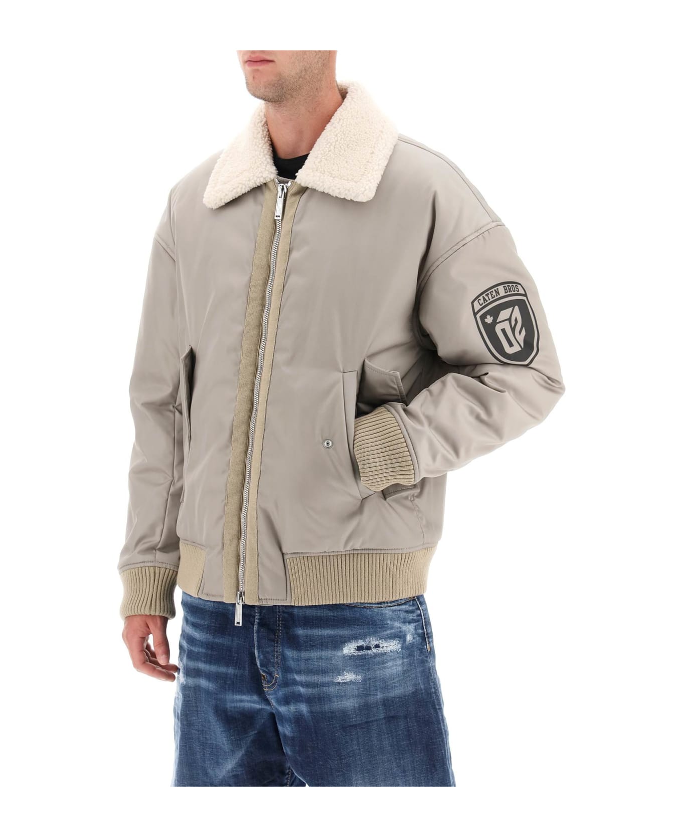 Dsquared2 Padded Bomber Jacket With Collar In Lamb Fur - STONE (Grey)