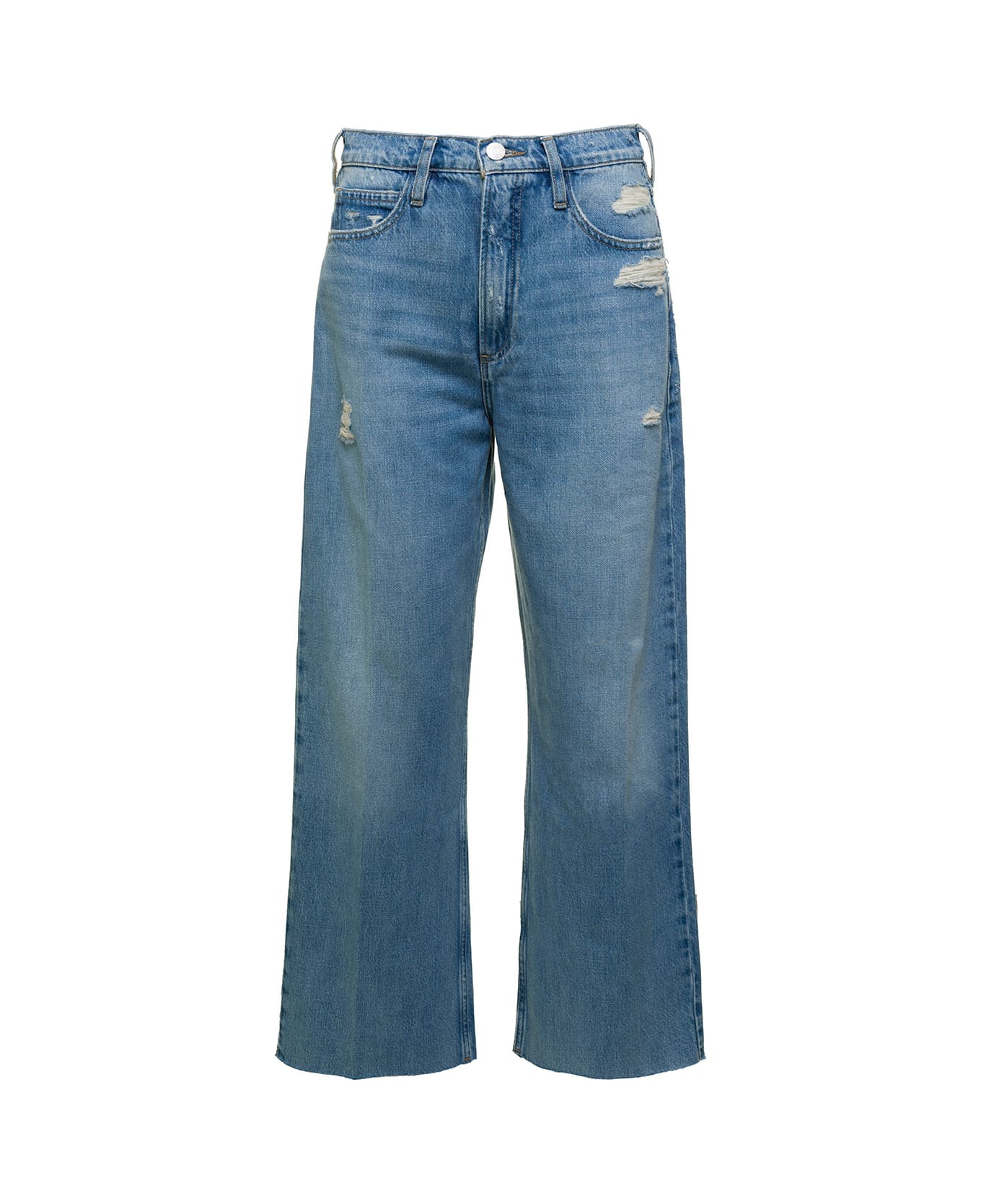 Frame Light Blue Wide-leg Jeans With Rips Details In Cotton Denim Woman - Blu