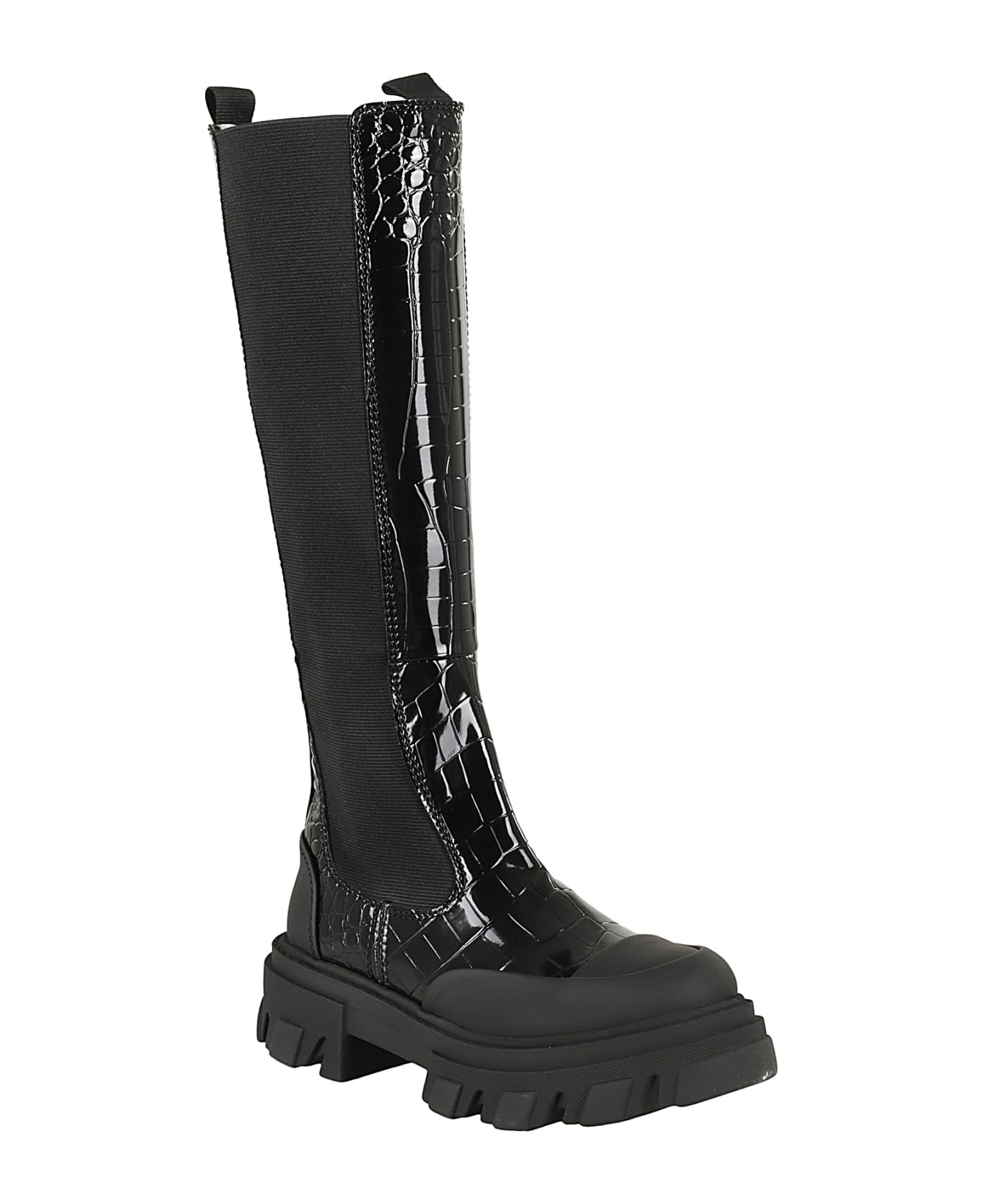 Ganni Cleated High Chelsea Boot Patent Croco - Black