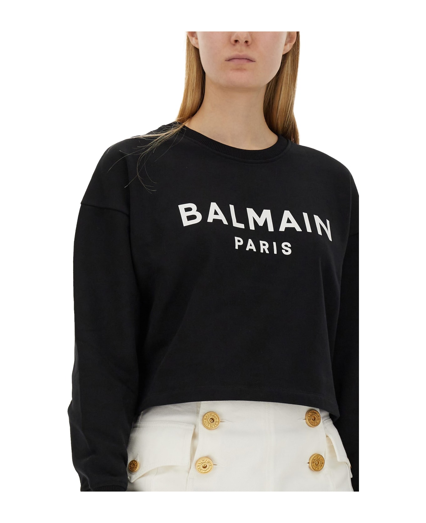 Balmain Cropped Sweatshirt With Flocked Logo - NERO フリース