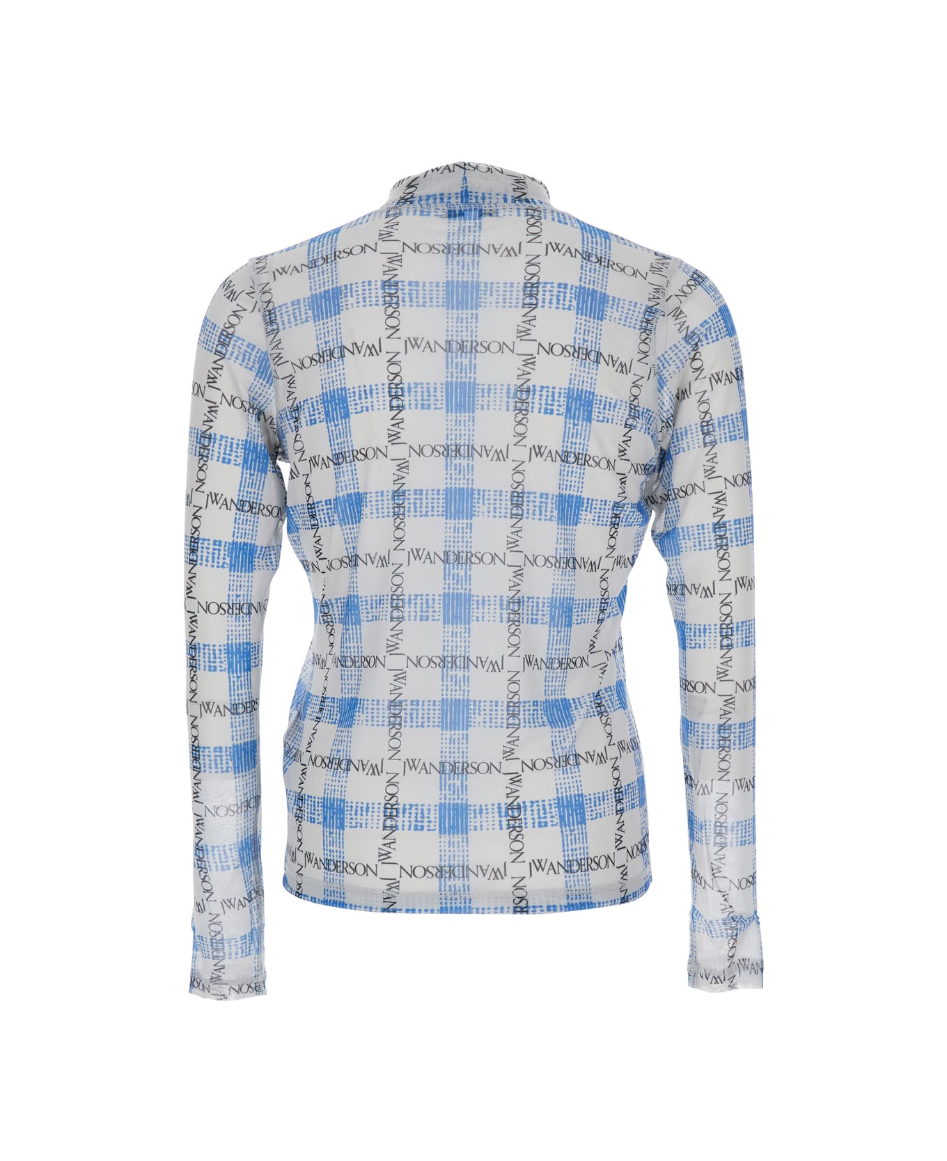 J.W. Anderson Light Blue Turtleneck T-shirt With All-over Check Motif And All-over Logo Print In Tech Fabric Stretch Man - Light blue