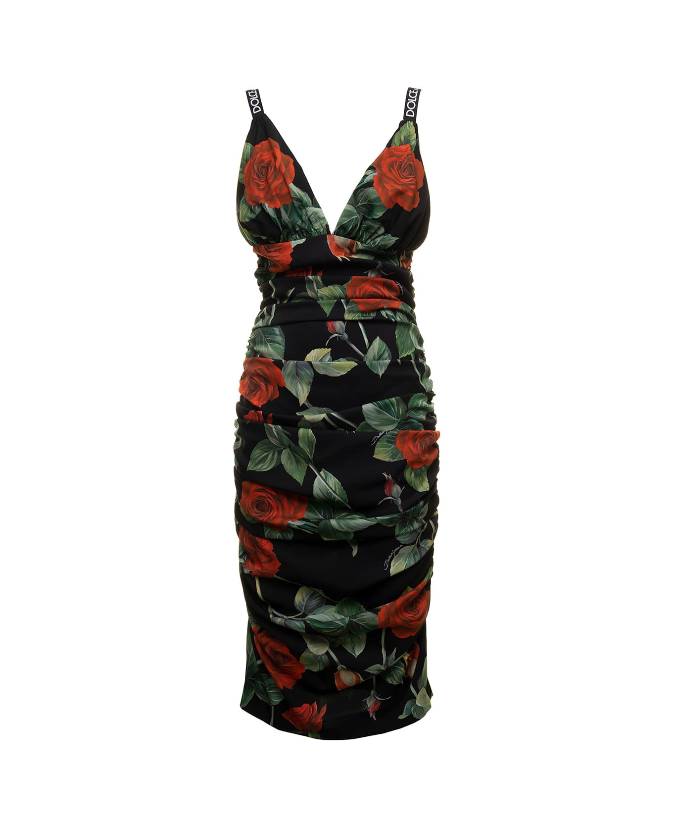 Dolce & Gabbana Black Midi Dress In Charmeuse With Allover Roses Print Woman - ROSE FDO.NERO