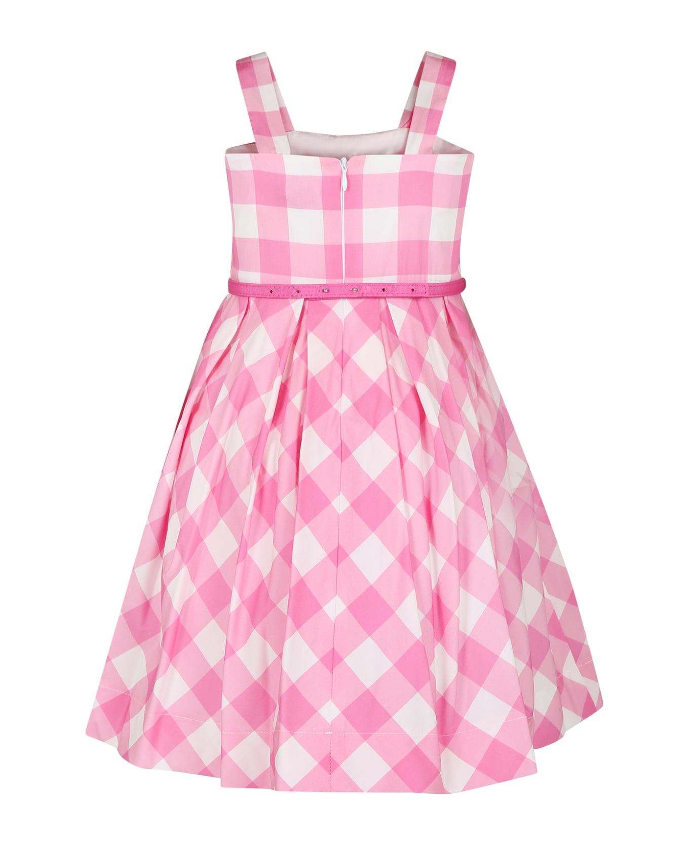 Monnalisa Pink Dress For Girl With Bow And Vichy Print - FUXIA ワンピース＆ドレス