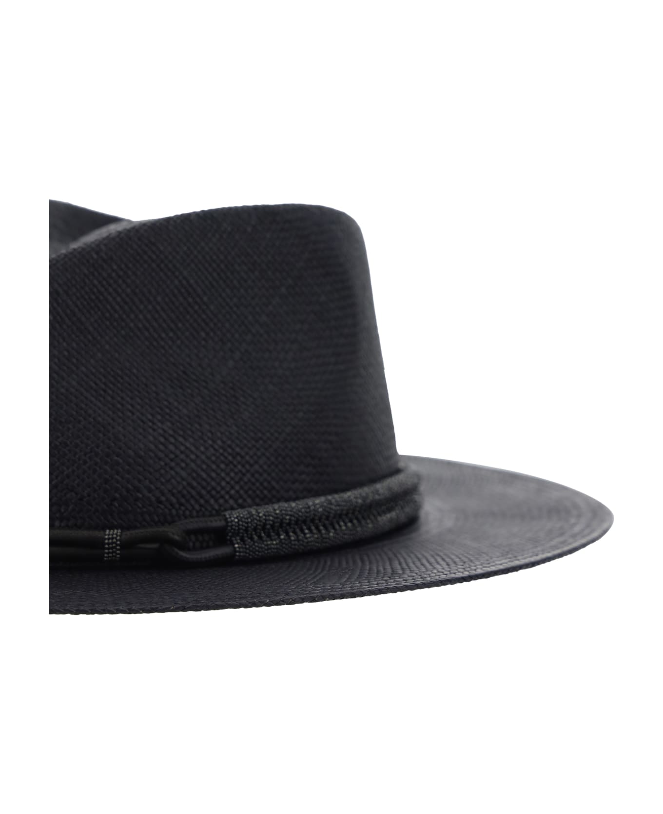 Brunello Cucinelli Straw Fedora With Leather Band And Necklace - Black