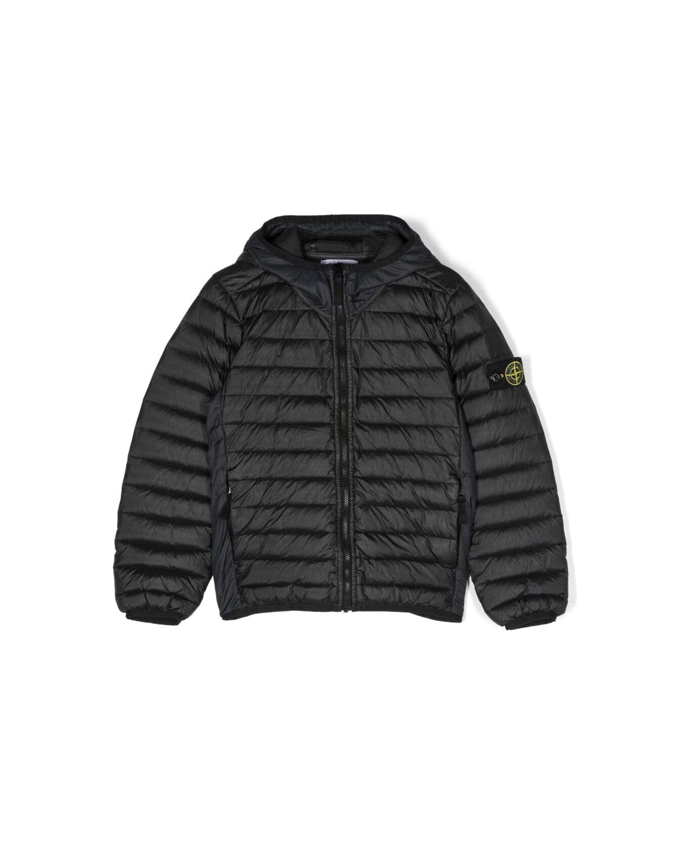 Stone Island Junior Black Down Jacket With Zipped Fastening And Patch Logo In Nylon Boy - Black コート＆ジャケット