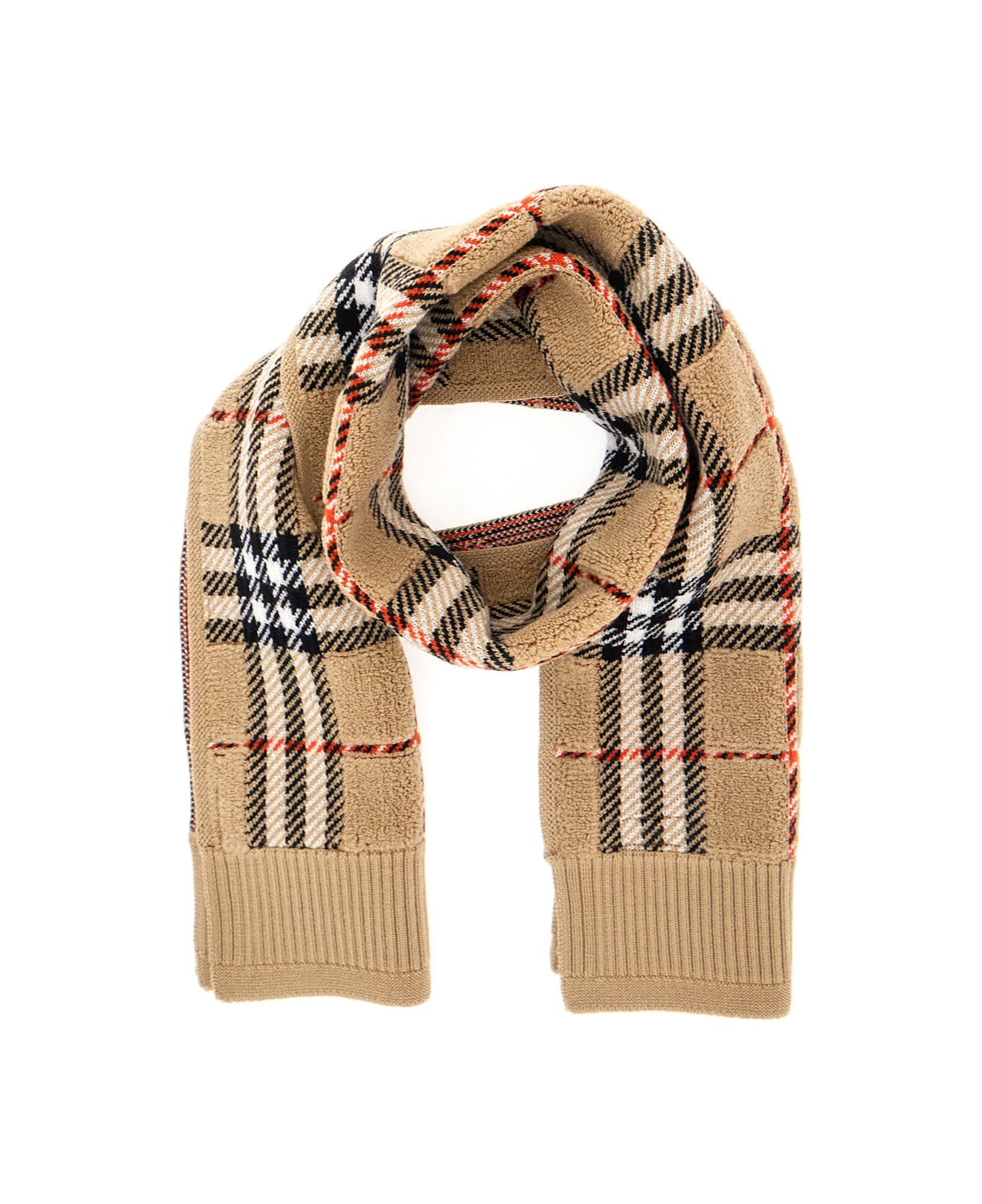 Burberry Beige Scarf With All-over Check Motif And Ribbed Trims In Wool Boy - Beige