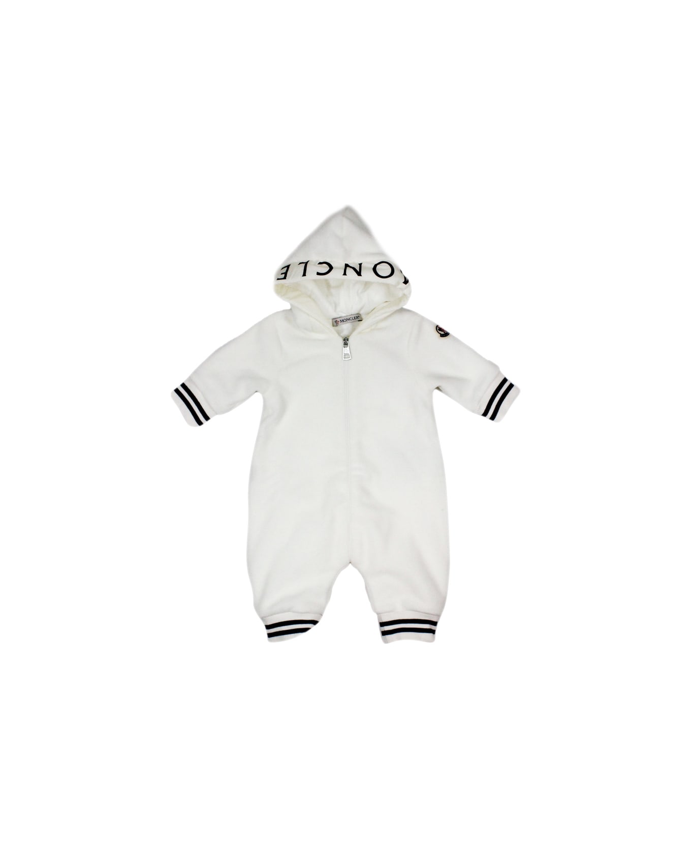 Moncler Romper Newborn Onesie With Hood And Logo Writing In Stretch Chenille Fleece. Zip Closure On The Front - cream