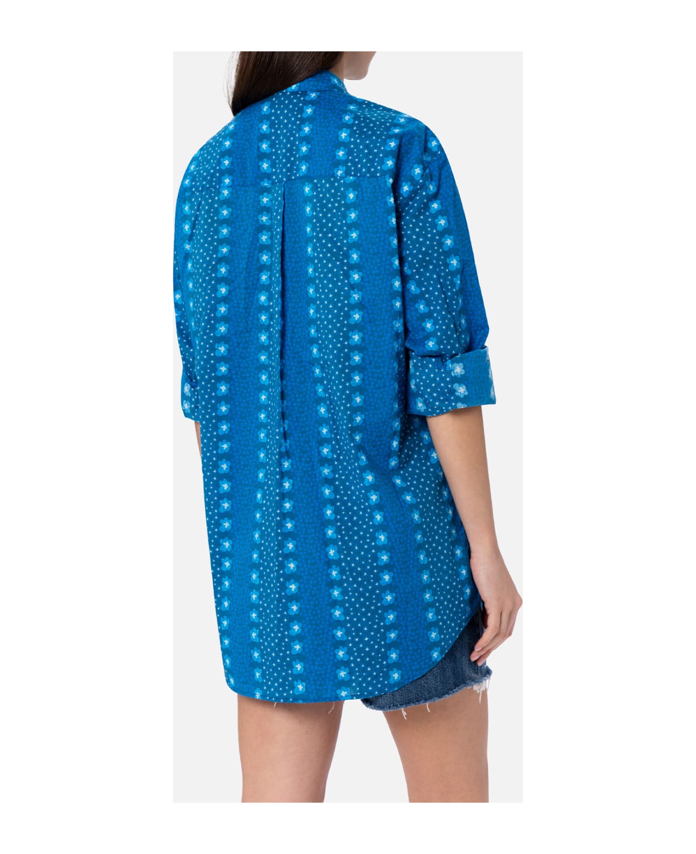 MC2 Saint Barth Woman Cotton Shirt Brigitte With Indigo Flower Print - BLUE
