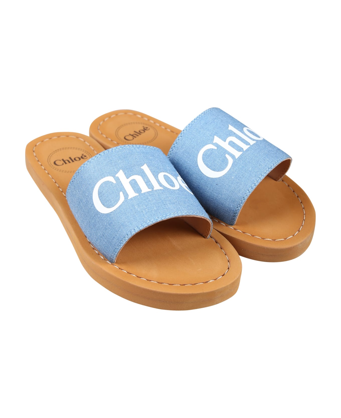 Chloé Denim Slippers For Girl With Logo - Blu Denim
