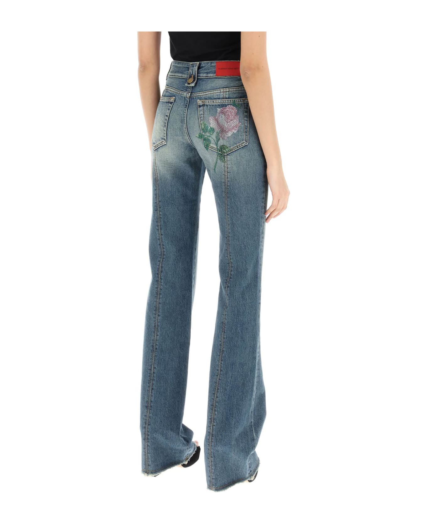 Alessandra Rich Flared Jeans With Crystal Rose - BLUE (Blue)