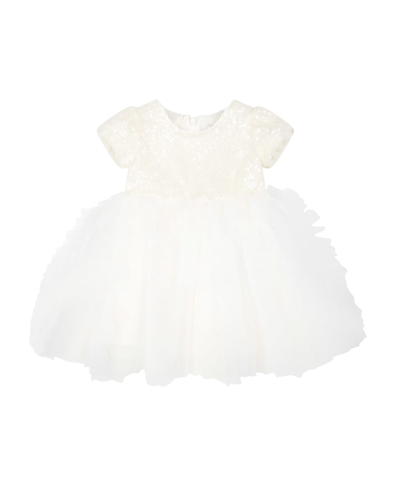 Monnalisa White Dress For Baby Girl With Sequins - White