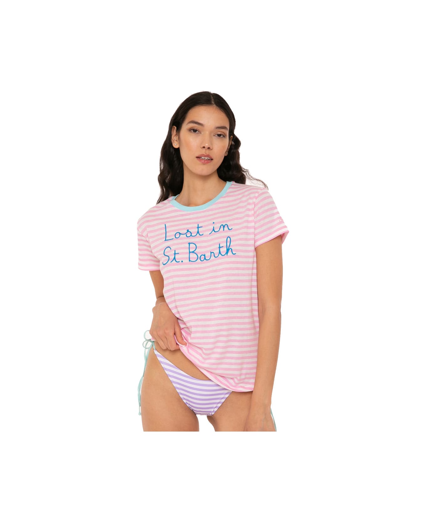 MC2 Saint Barth Striped T-shirt With Lost In St. Barth Embroidery - PINK ボディスーツ