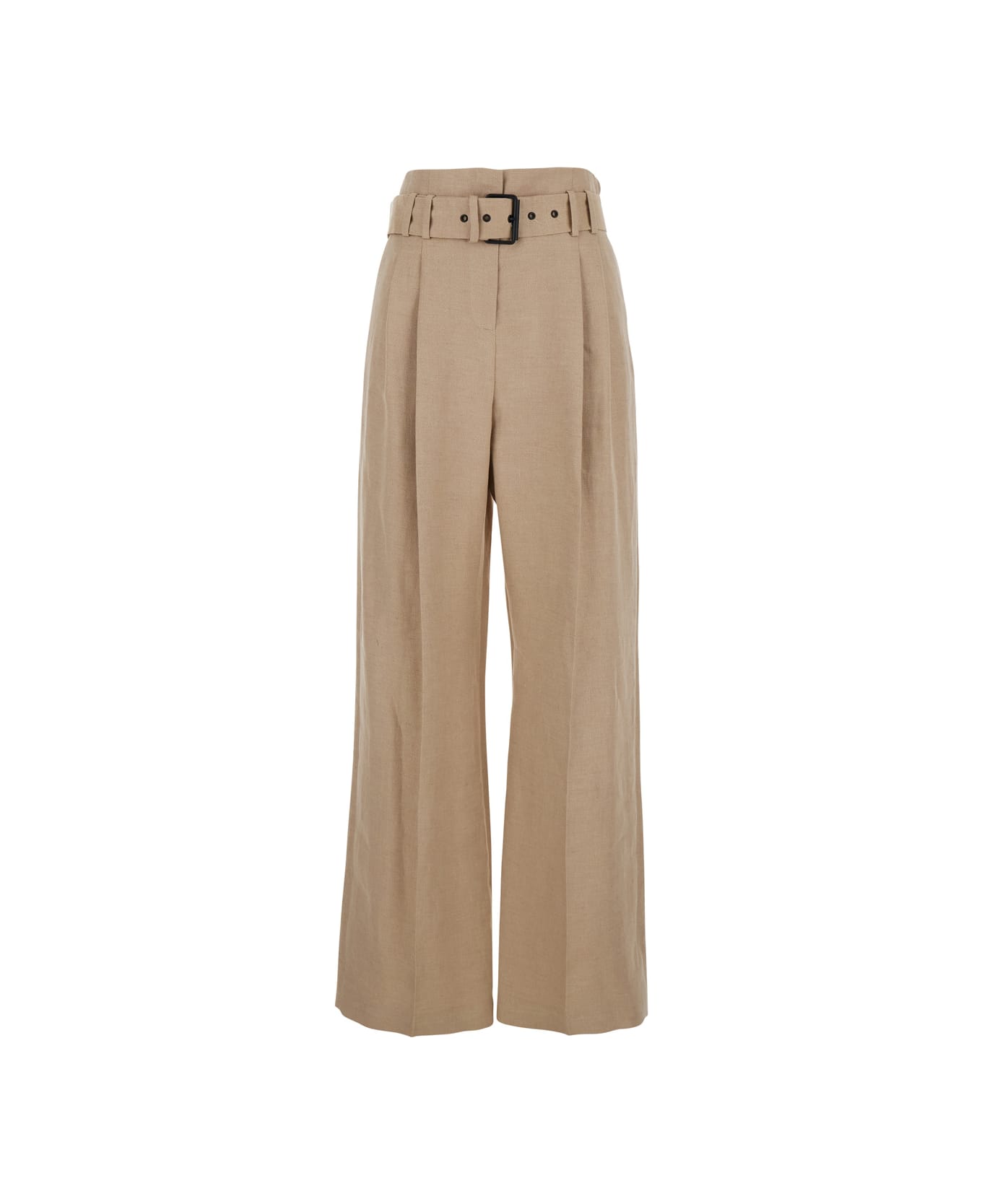 Eleventy Beige Trousers With Pleats And Waist Belt In Linen Woman - Beige