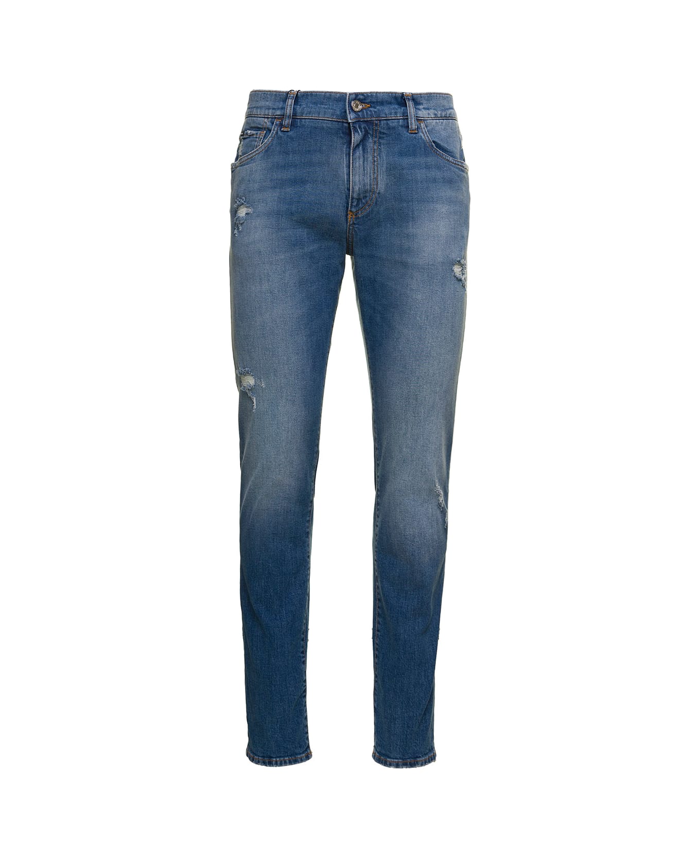 Dolce & Gabbana Blue Distressed Slim-fit Jeans In Cotton Denim Man Dolce & Gabbana - Blu