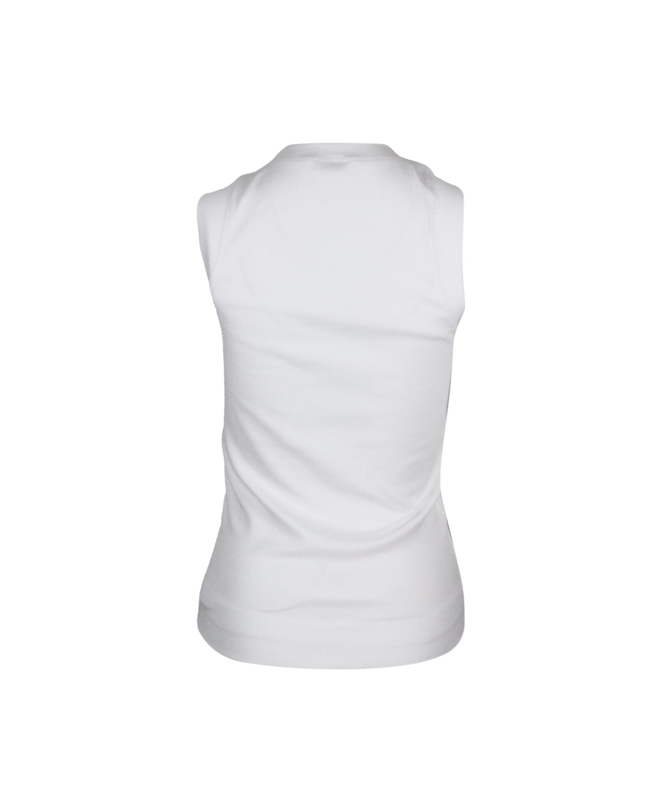 Brunello Cucinelli Tank Top T-shirt In Ribbed Stretch Cotton With V-neck And Monili - White
