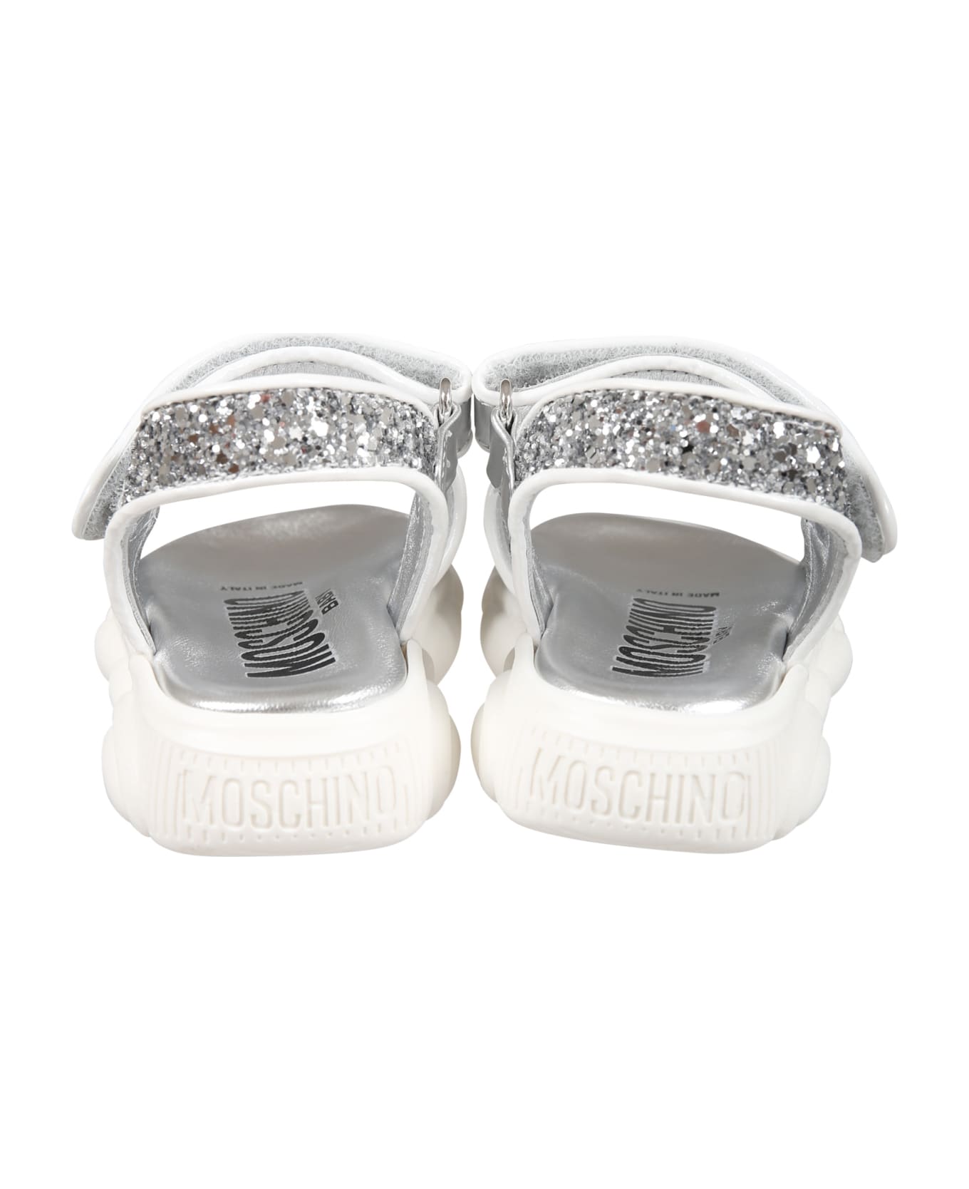 Moschino Silver Sandals For Girl With Teddy Bear, Bee And Logo - Silver