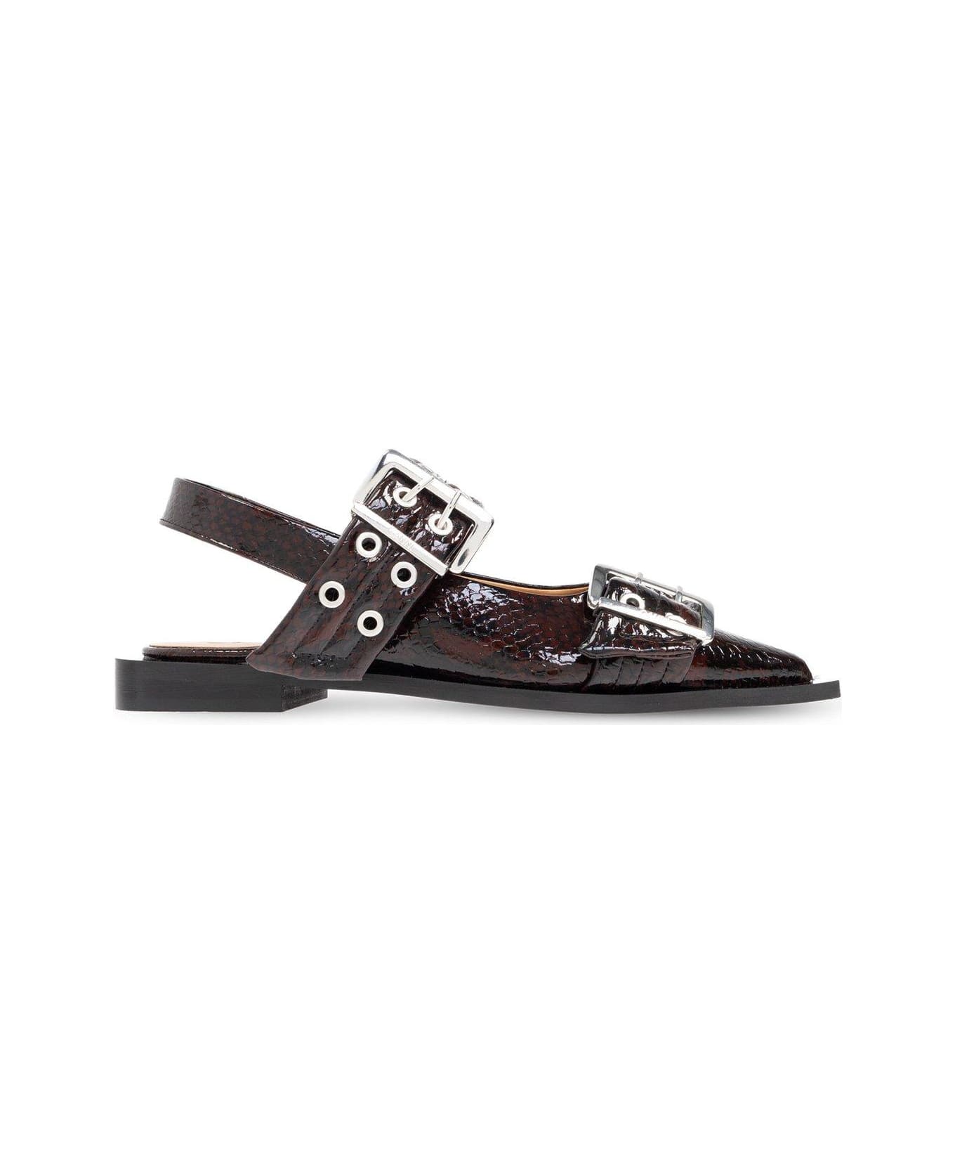 Ganni Buckle Pointed-toe Ballet Flats - BURGUNDY