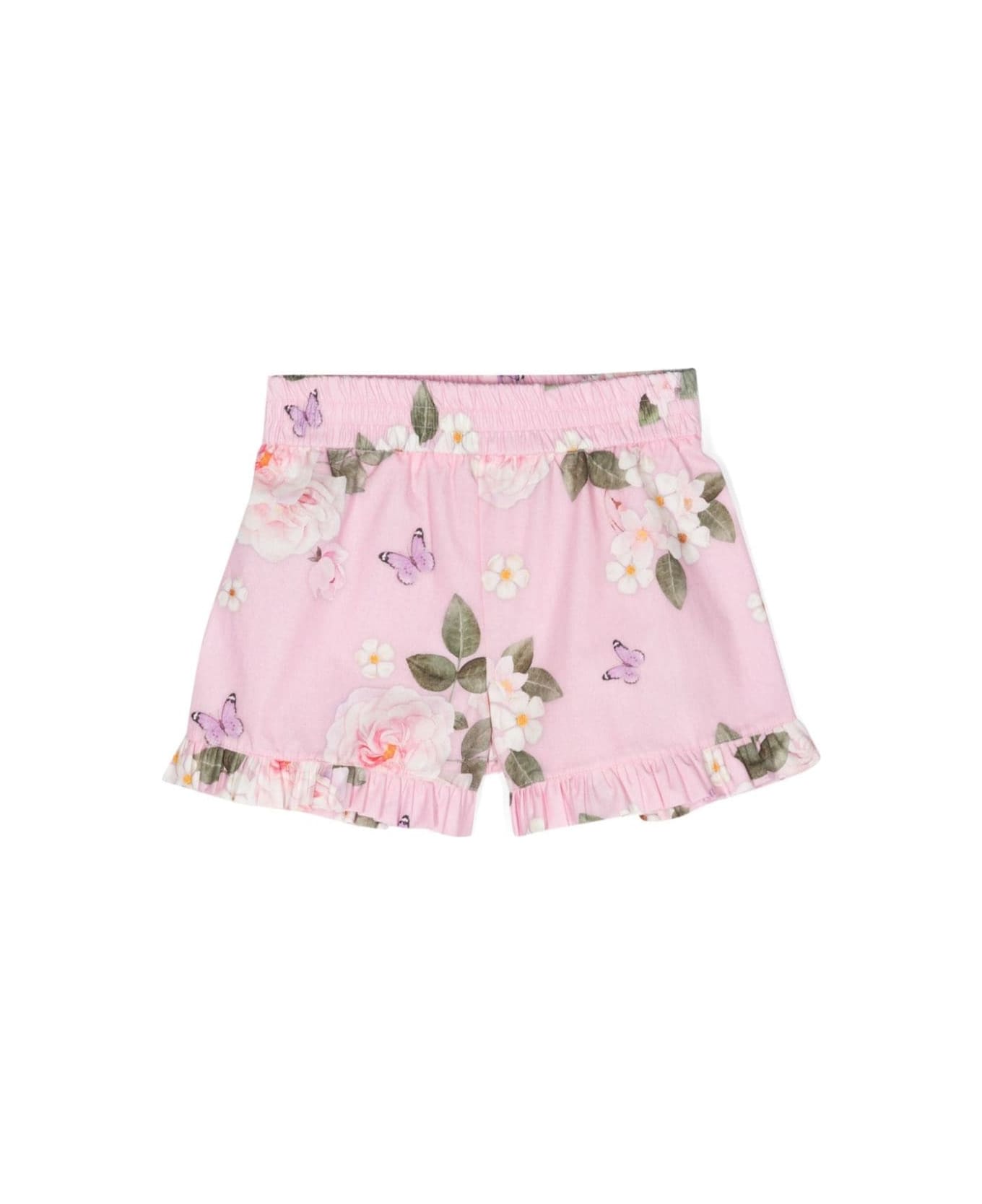 Monnalisa Pink Shorts With Floreal Print And Ruffles In Cotton Girl - Pink