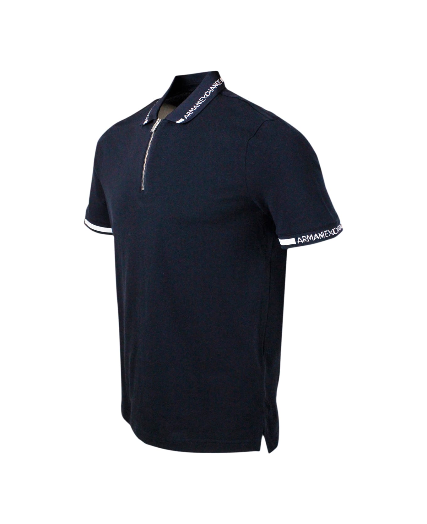 Armani Collezioni Hort-sleeved Pique Cotton Polo Shirt With Zip Closure And Writing On The Collar - Blue
