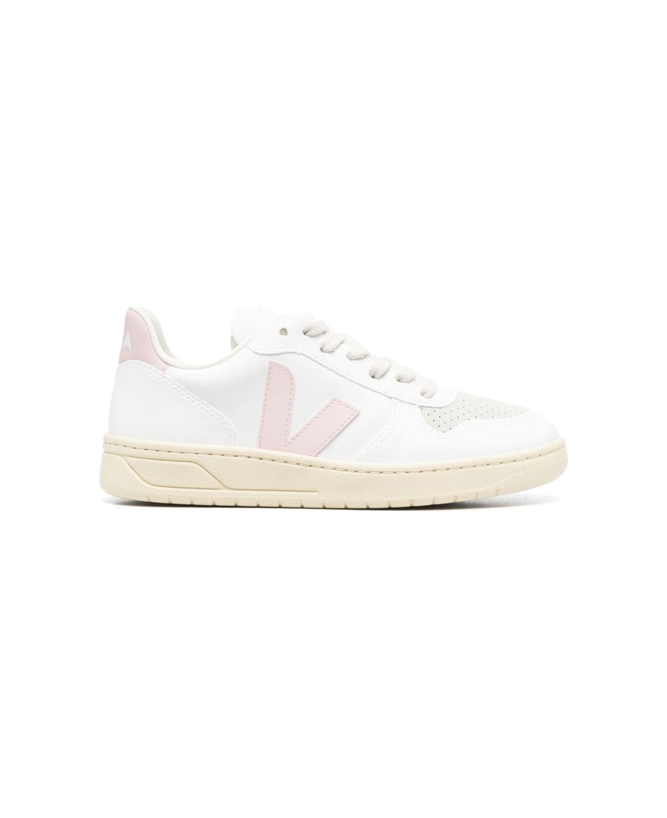 Veja Sneakers V-10 With Logo In White And Pink Leather Woman - White