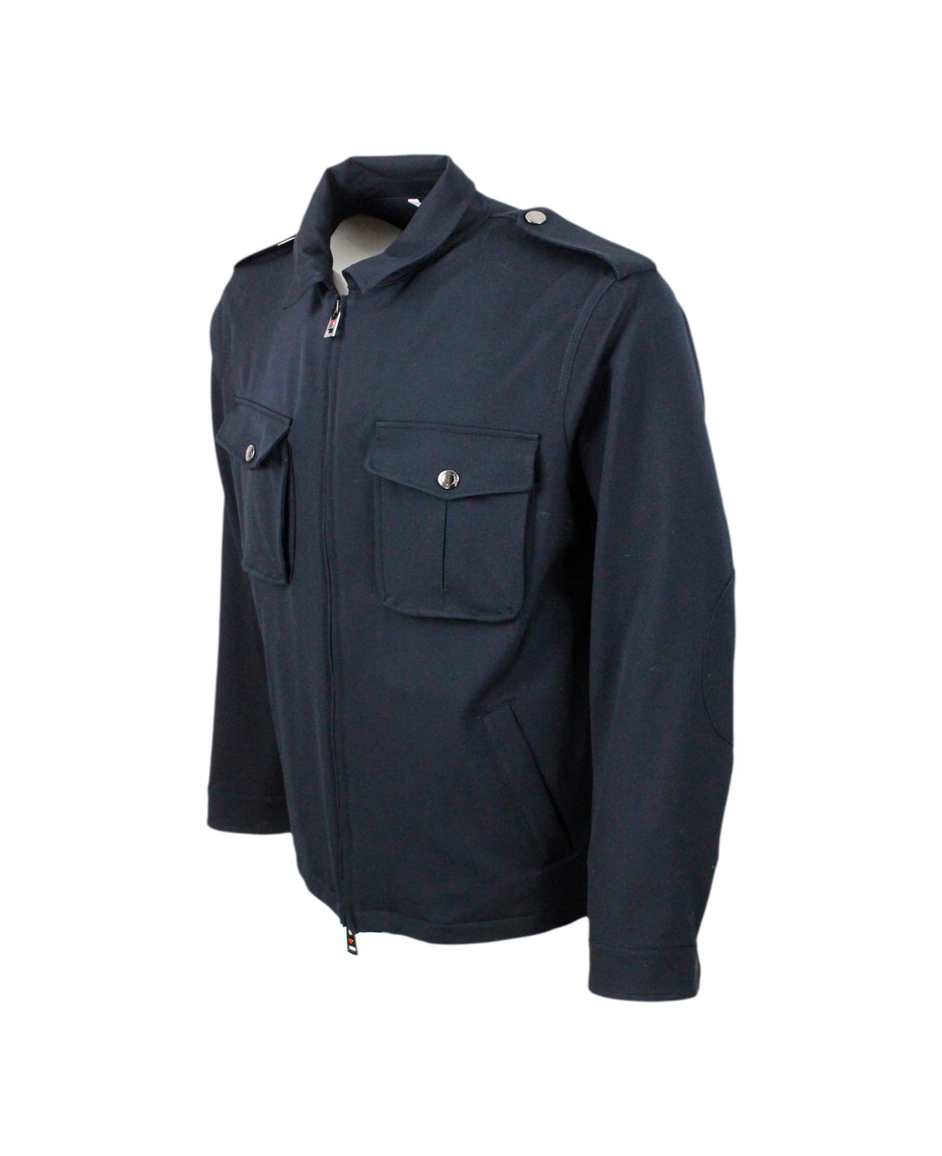 Kired Jacket In Special Stretch Water-repellent Wool Canvas Fabric With Standing Collar And Patch Pockets On The Chest. Zip Closure - Blu