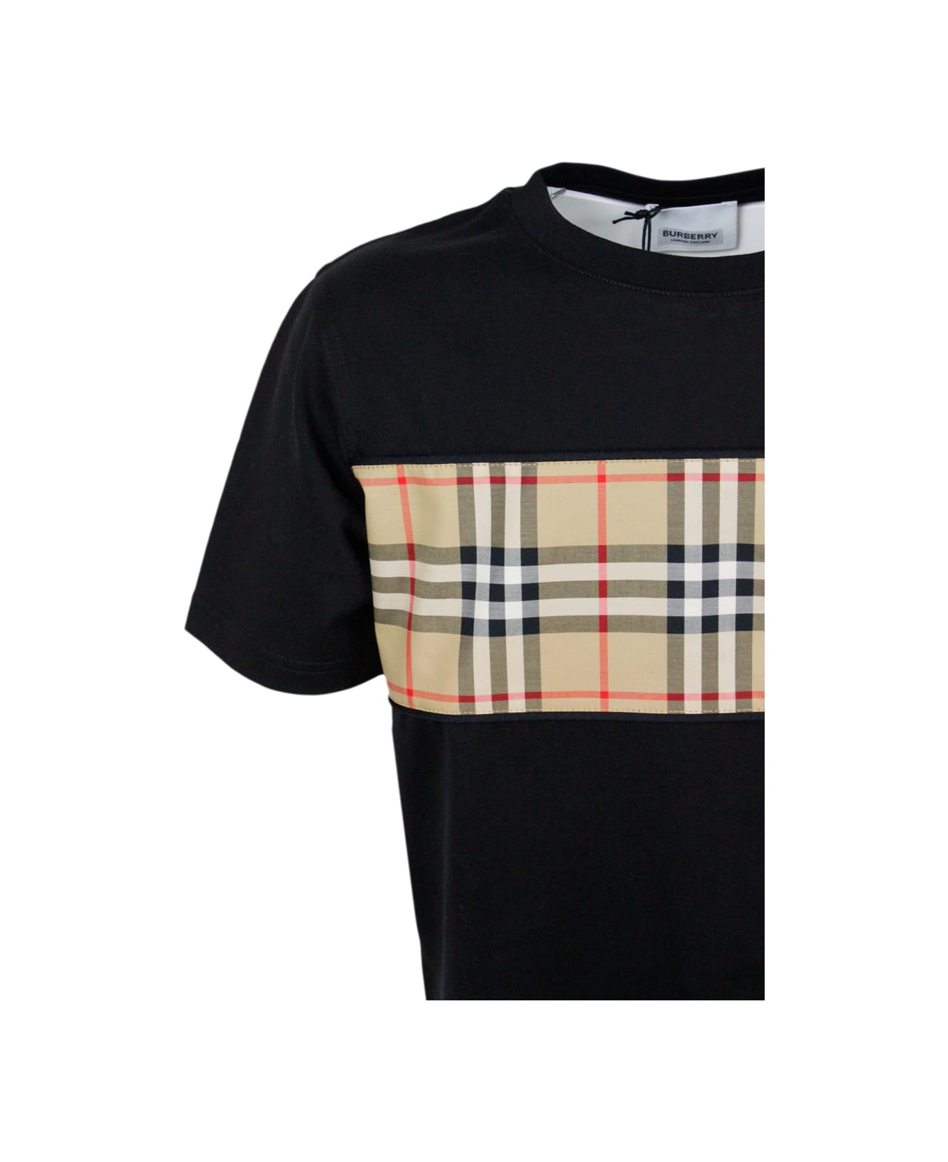 Burberry Crew Neck T-shirt In Cotton Jersey With Classic Check Pattern On The Front - Black Tシャツ＆ポロシャツ