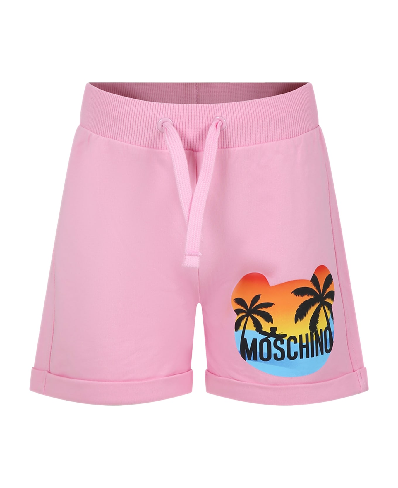 Moschino Pink Shorts For Girl With Multicolor Print And Logo - Pink