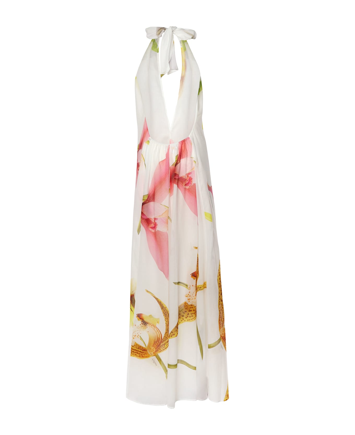 Genny Long Dress With Orchid Print - White