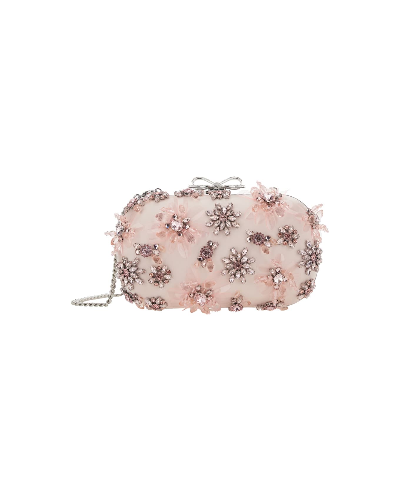 self-portrait Pink Clutch Bag With Floral Embellishment And Bow Detail In Tech Fabric And Metal Woman - Pink