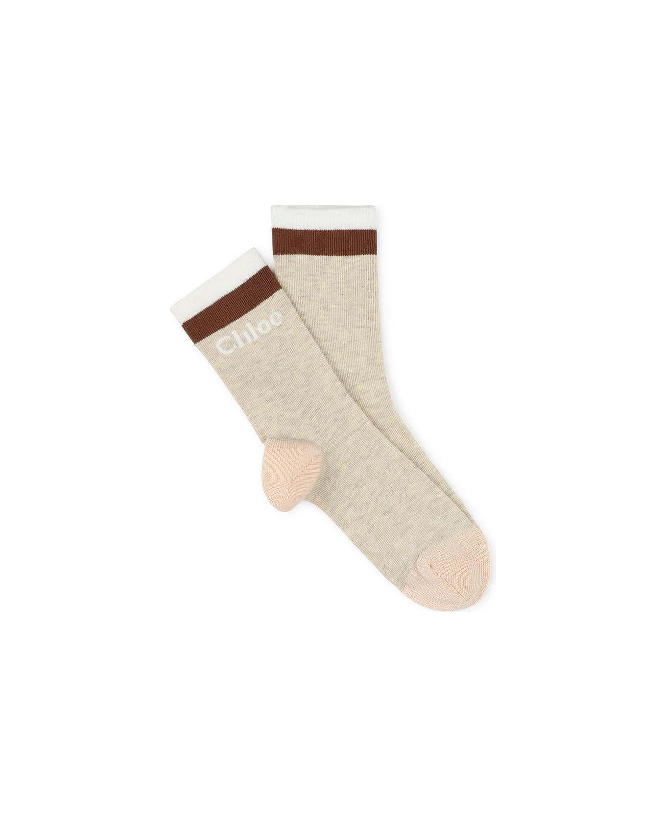 Chloé Beige Marl Socks With Logo And Two-tone Stripes - Brown