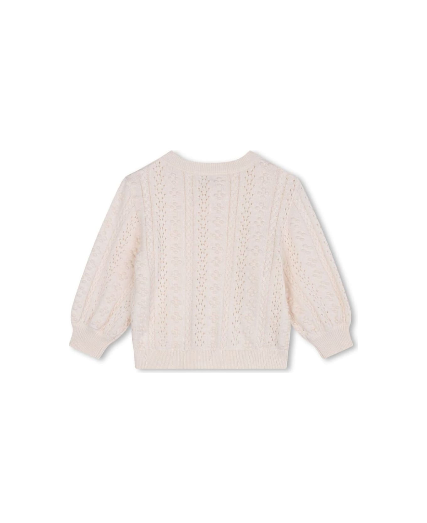 Chloé White Crewneck Cardigan With Logo Lettering On The Front In Cotton And Wool Blend Baby - White Tシャツ＆ポロシャツ