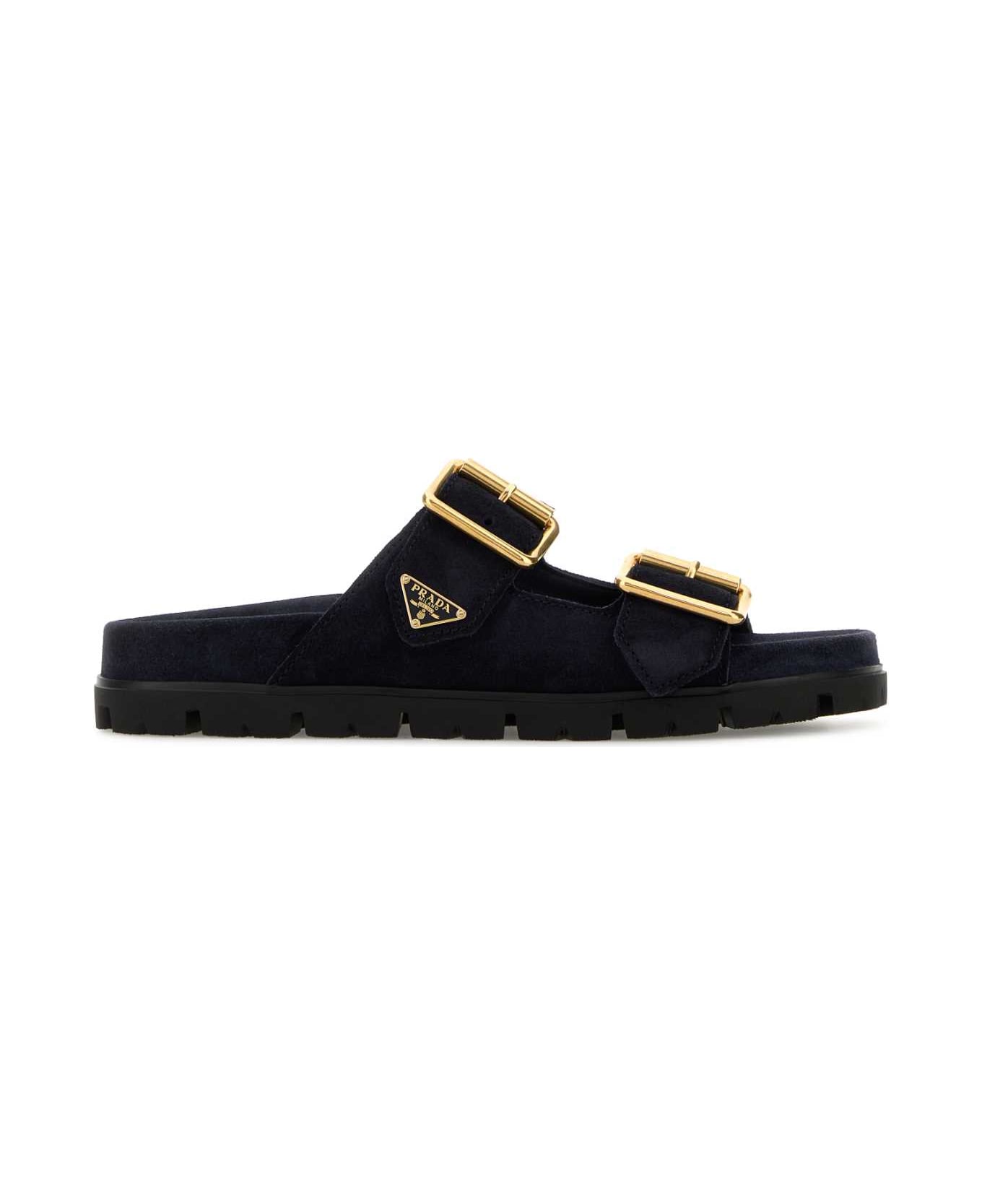 Prada Midnight Blue Suede Slippers - BLEU
