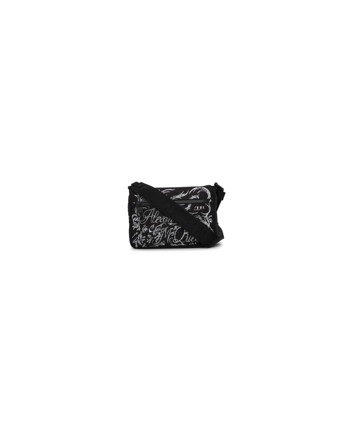 Alexander McQueen Shoulder Bag In Nylon With Blake Painted Logo In Contrast - Black/ white