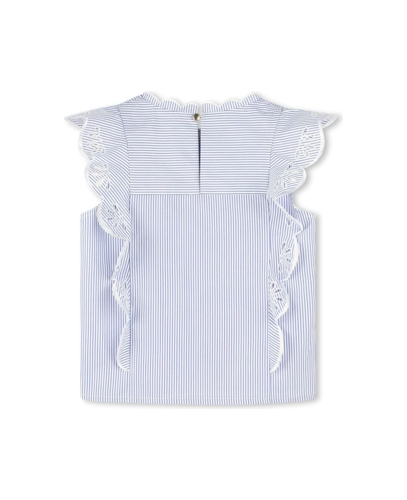 Chloé Light Blue Shirt With All-over Striped Design And Embroidered Details In Cotton Girl - Light blue