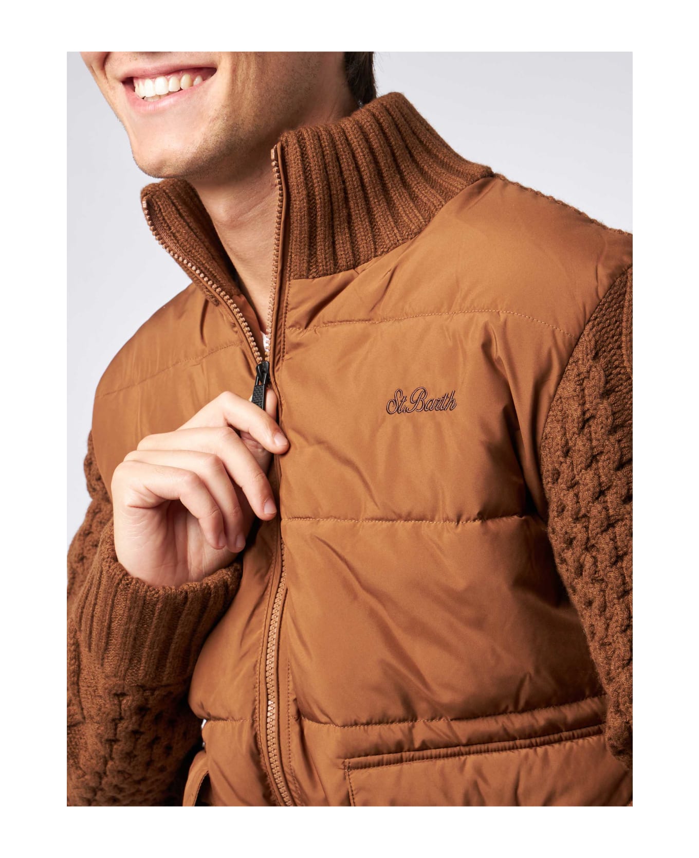 MC2 Saint Barth Man Brown Padded Jacket With Knitted Sleeves - BROWN