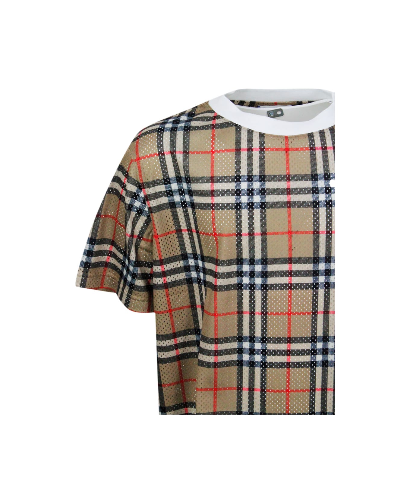Burberry Crew-neck, Short-sleeved T-shirt In Perforated Fabric With Chekc Motif. - Beige Tシャツ＆ポロシャツ