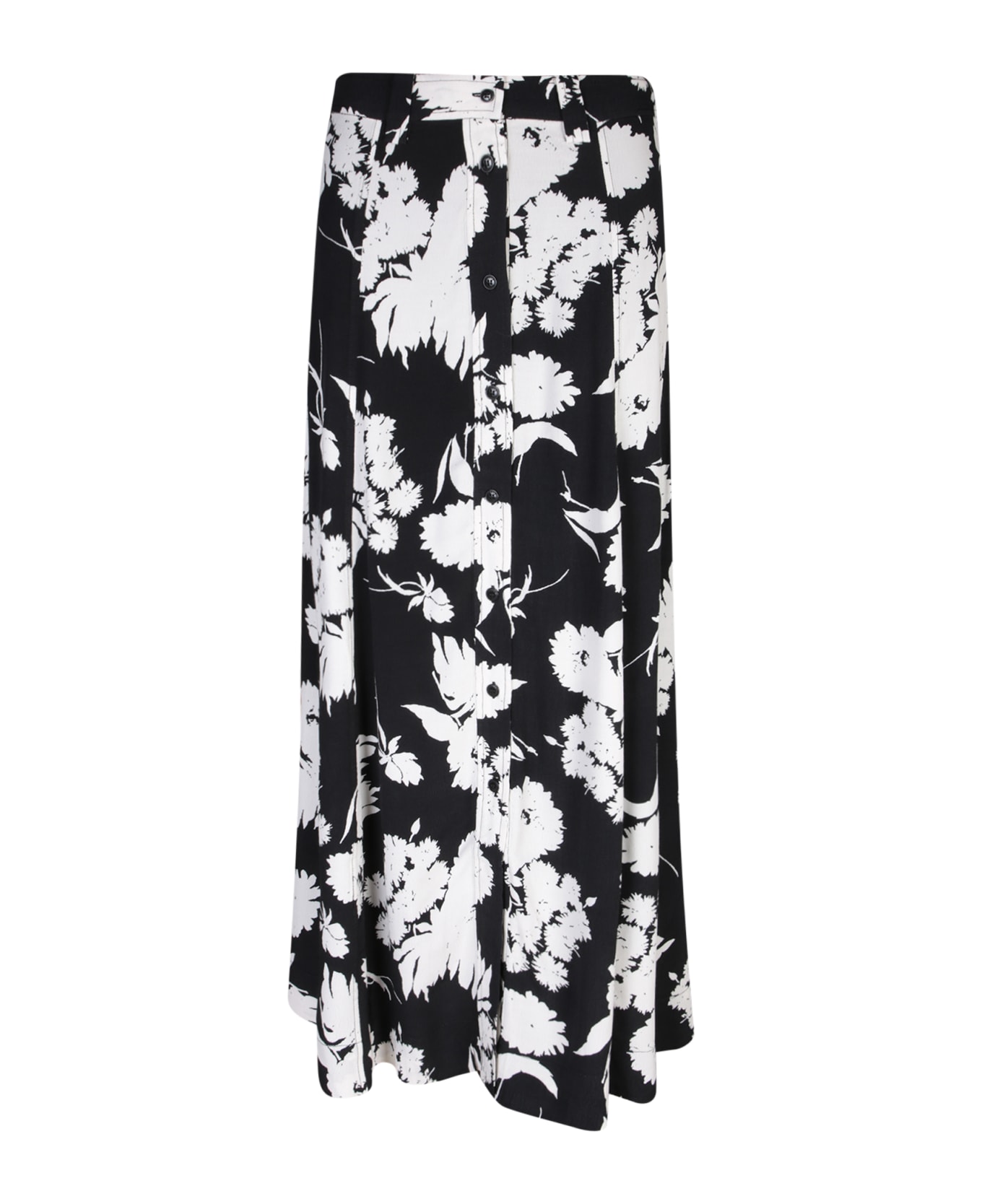 Ganni Long Crepe Skirt With Black And White Print - BLACK