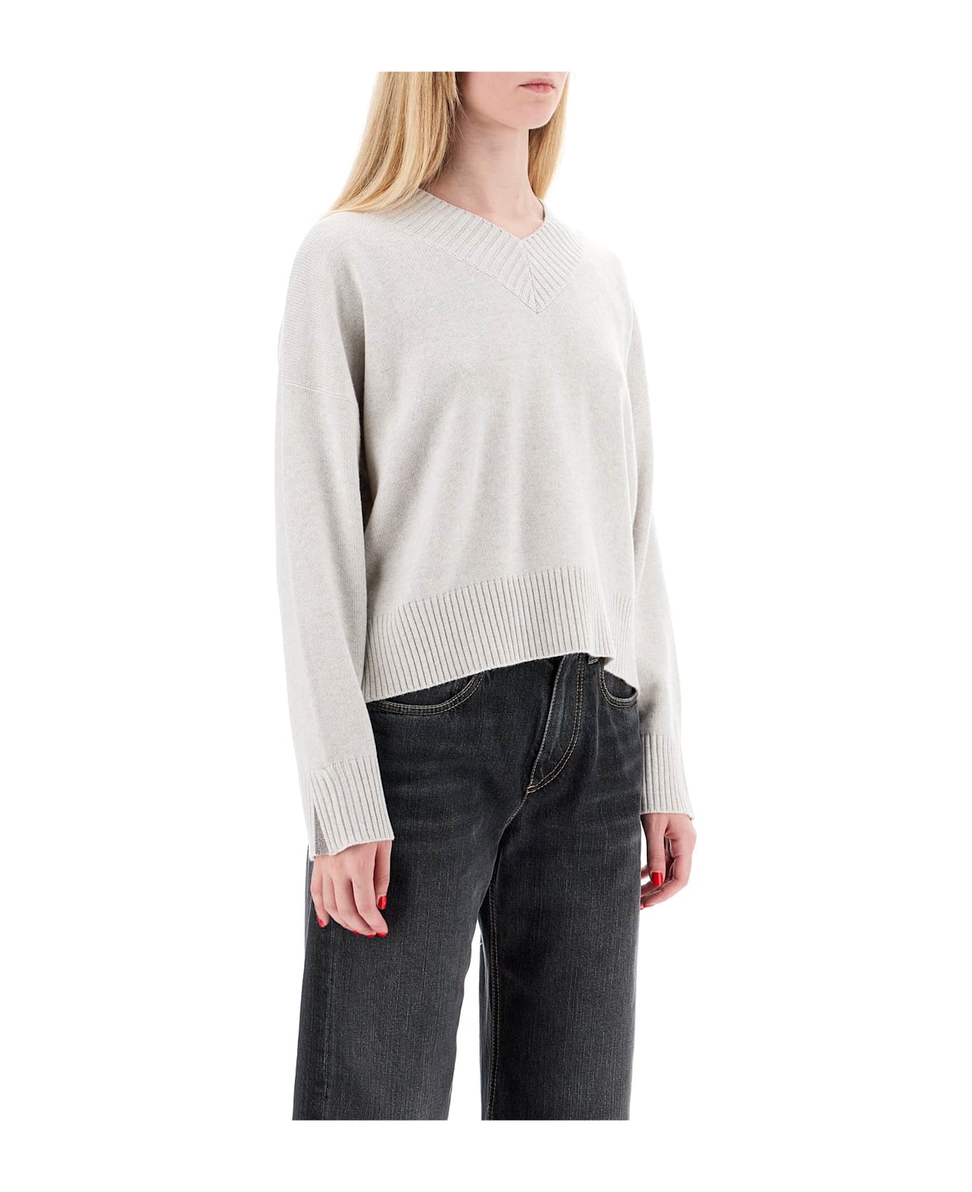 Brunello Cucinelli Cashmere Pullover With Shiny Cuff Details. - MADREPERLA (Grey)