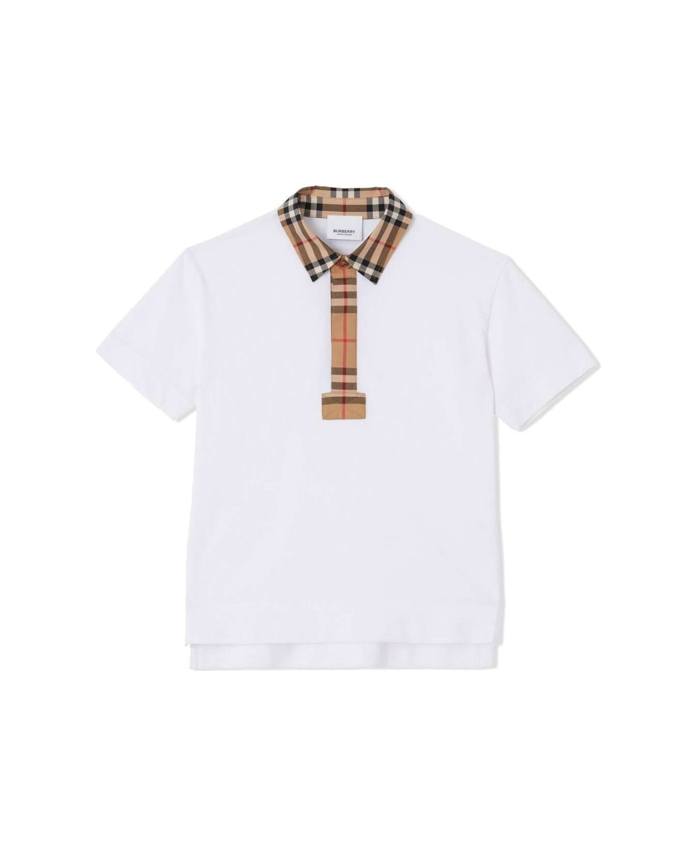 Burberry White Polo Shirt With Vintage Check Motif And Logo In Cotton Baby - White