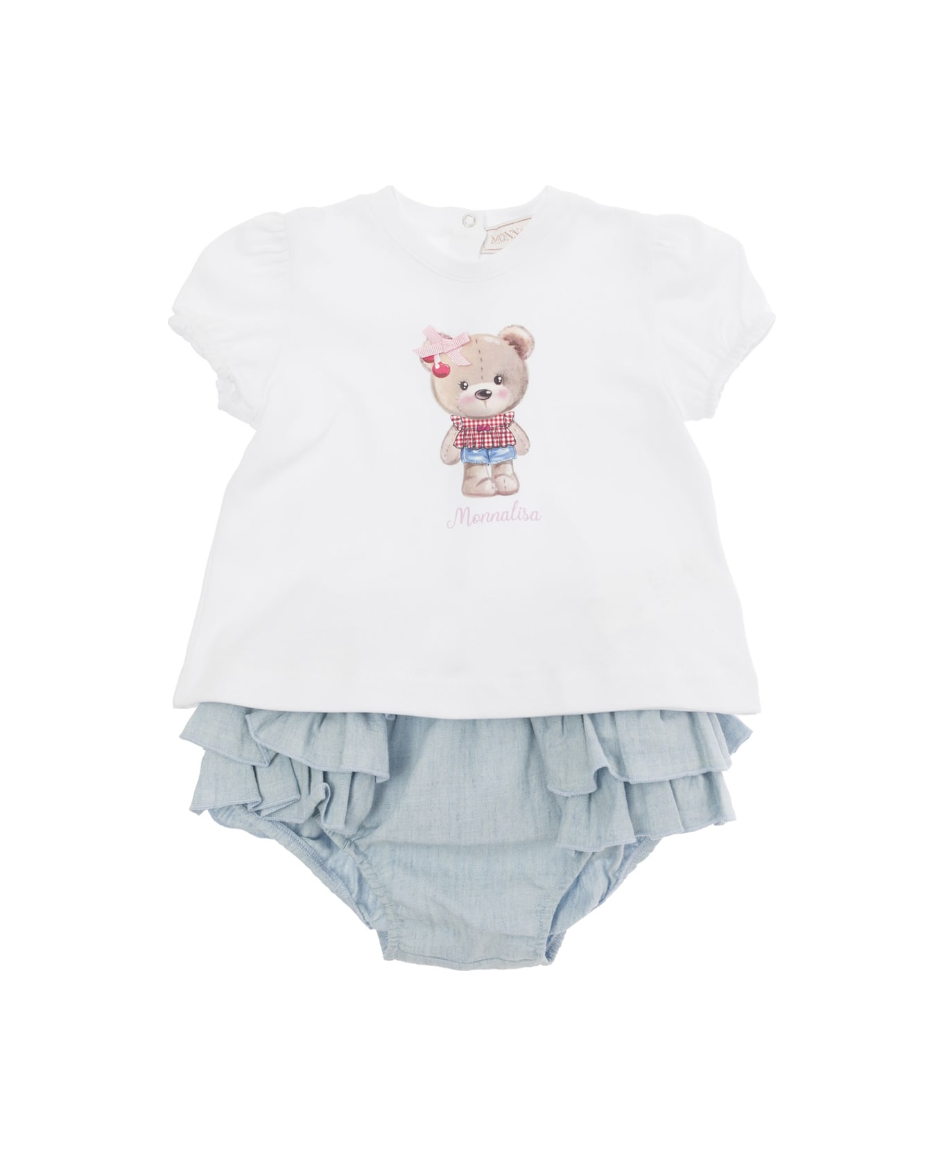 Monnalisa Light Blue And White T-shirt And Culottes Set In Cotton Baby - White